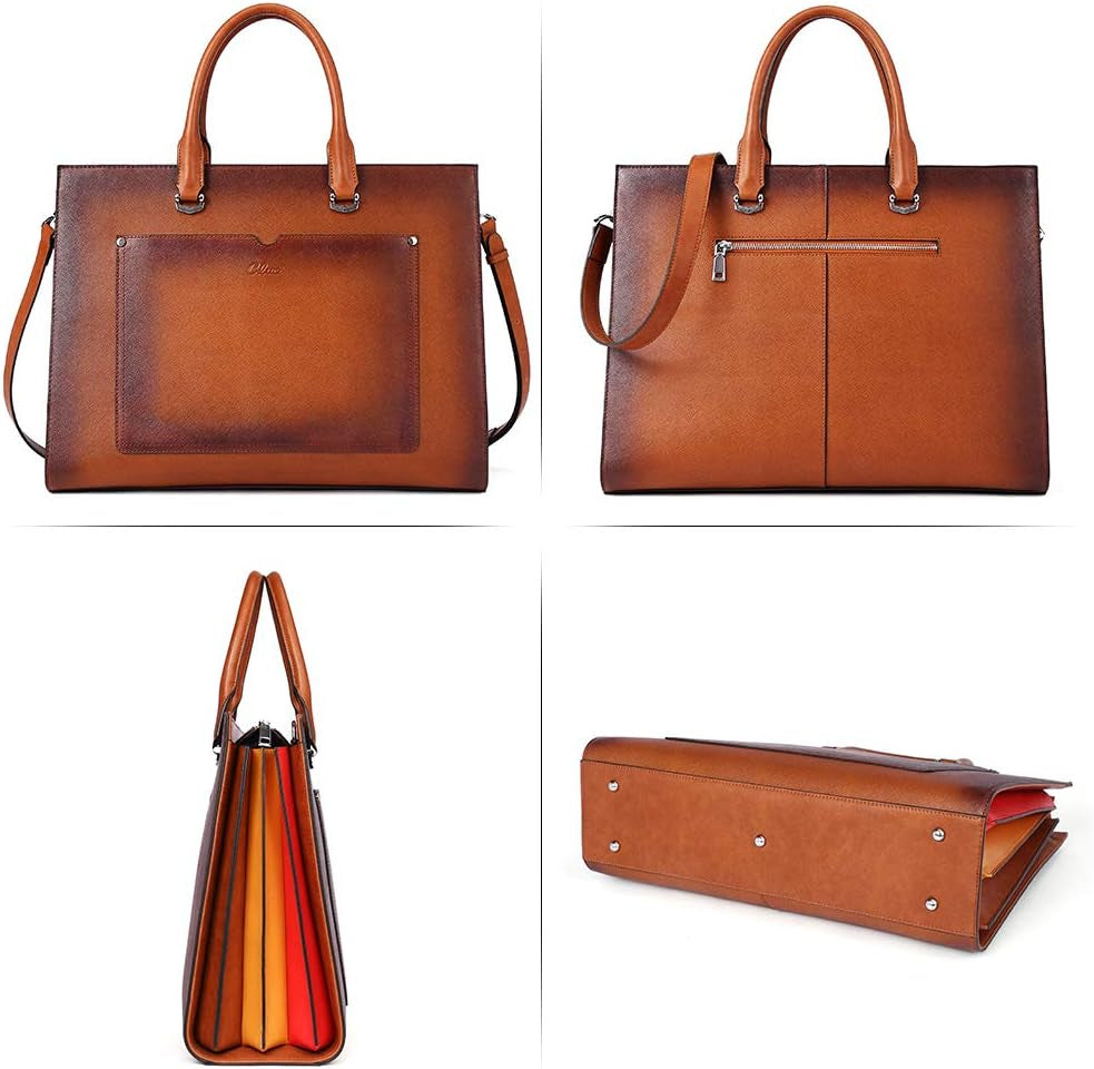 Leather Briefcase for Women Laptop 15.6 Inch Professional Business Work Ladies Computer Handbag Shoulder Bag Two-Toned Brown