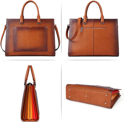 Leather Briefcase for Women Laptop 15.6 Inch Professional Business Work Ladies Computer Handbag Shoulder Bag Two-Toned Brown