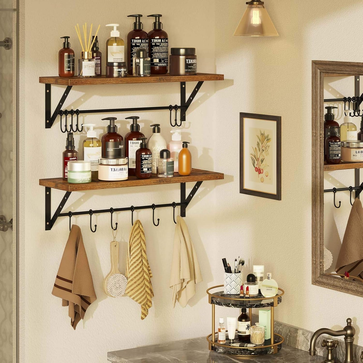 Floating Shelves Wall Mounted Set of 2, Wall Shelves with 2 Towel Holders & 12 Hooks, Multifunctional Storage Shelf Rustic Wood Decoration Shelves for Bathroom, Living Room (Brown 15.75In)