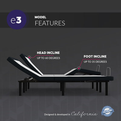 King E3 Adjustable Bed Base Frame with Head and Foot Incline, Wireless Remote Control, Easy Assembly, and 10 Year Warranty