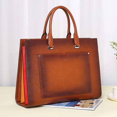 Leather Briefcase for Women Laptop 15.6 Inch Professional Business Work Ladies Computer Handbag Shoulder Bag Two-Toned Brown